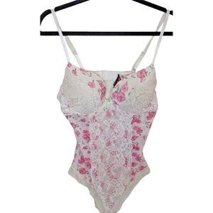 Black Fuchsia Lace Sheer Mesh Floral Button Snap Teddy Boho Preppy Large